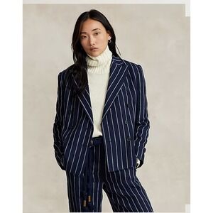 POLO RALPH LAUREN DOUBLE BREASTED LINEN BLAZER WOMENS SIZE 2 BLUE WHITE STRIPES